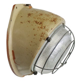 Industrial French Cast Iron and Clear Striped Holophane Glass Sconce from Mapelec For Sale