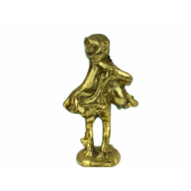 Antique Finished Brass Bagpipe Player and Maiden With Distaff and Cat Figurines - Set of 2 For Sale - Image 4 of 6