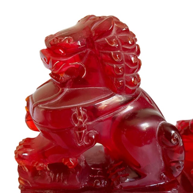 Mid 20th Century Pair of Vintage Chinese Cherry Amber Foo Dogs Temple Fu Lions Figurines For Sale - Image 5 of 8