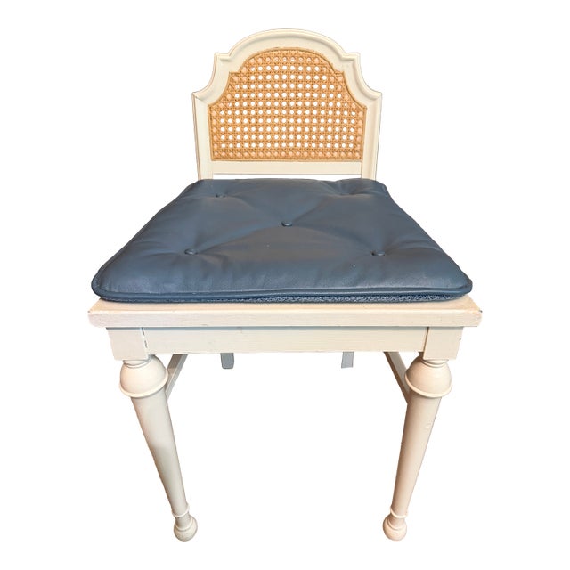Vintage Cane and Wood Vanity Chair With Custom Blue Leather Tufted Cushion For Sale