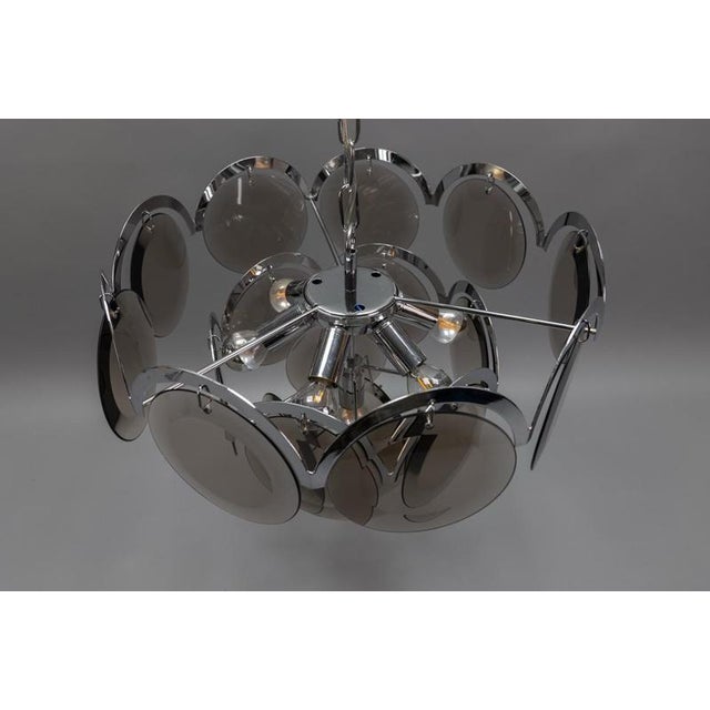 Smoked Glass and Chromed Metal Seven-Light Pendant Chandelier, 1970s For Sale - Image 15 of 18