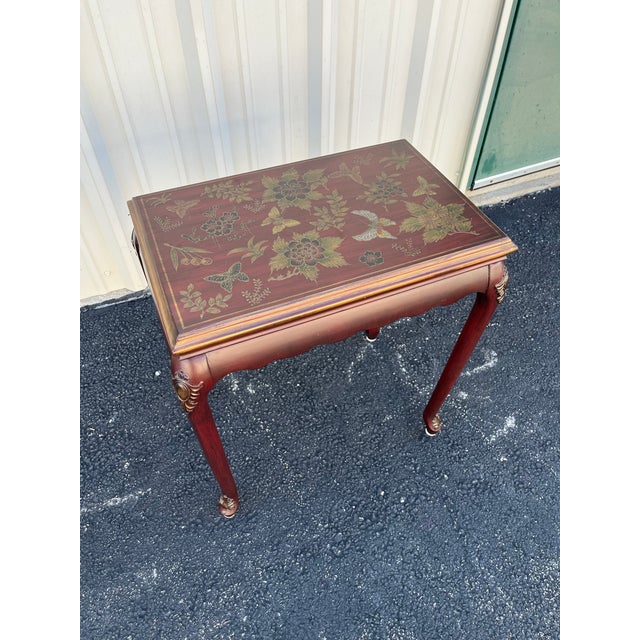 Chinoiserie Red Lacquer Floral Relief Side End Table For Sale - Image 4 of 12