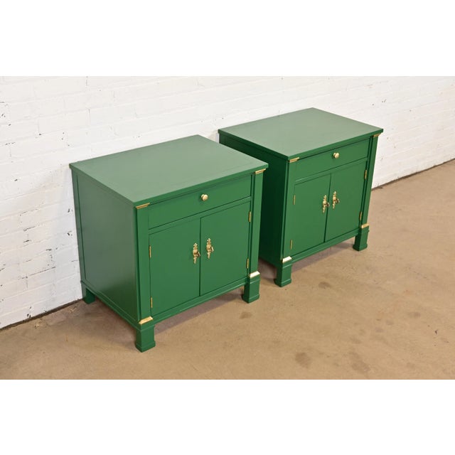 Baker Furniture Company Baker Furniture French Empire Green Lacquered Nightstands, Newly Refinished For Sale - Image 4 of 12