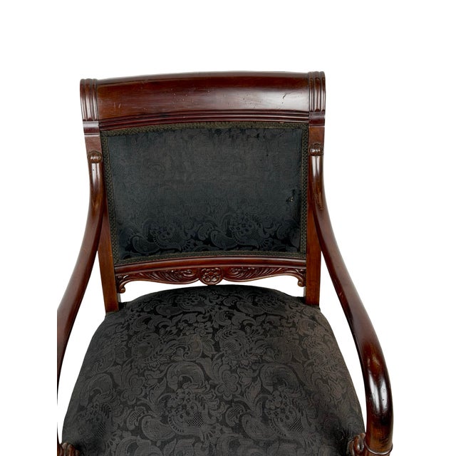Traditional Antique Empire Style Mahogany Armchair With Black Damask Upholstery For Sale - Image 3 of 18