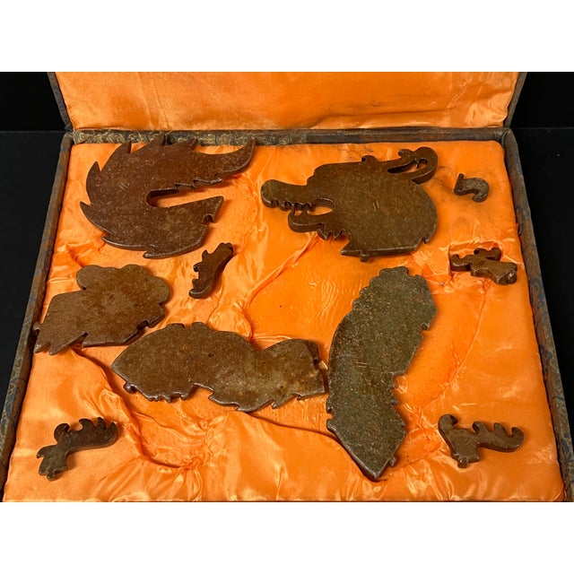 Chinese Late 20th Century Chinese Art Carved Archaic Style Puzzled Jade Plaque Dragon Sculpture Display Silk Case For Sale - Image 3 of 7