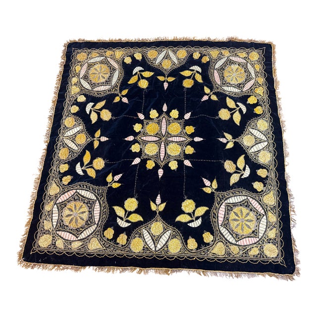 Antique Handmade Square Turkish Metal Threaded Embroidered Tapestry Tablecloth For Sale