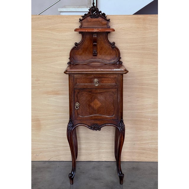 Antique French Walnut Night Stands with marble top and crest, 1900, A Pair For Sale - Image 16 of 18