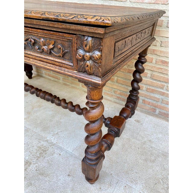 1930s French Carved Wood Writing Table With Barley Twist Legs, Mid-20th Century For Sale - Image 5 of 17