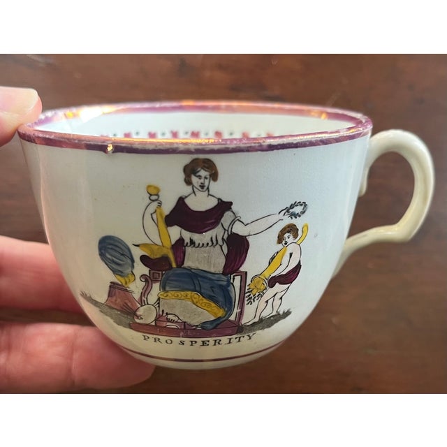 Pink Antique 19th C. English Regency Pink Luster Porcelain Tea Cup & Saucer With Prosperity Crest 1810 For Sale - Image 8 of 12