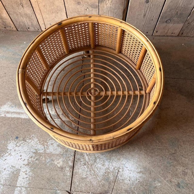 Round Cane and Bamboo Plant Holder on Wheels For Sale - Image 5 of 6