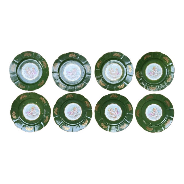 Set of 8 Vintage French Hand Painted Cherubs Gold Gilded Green Porcelain Dinner Plates For Sale