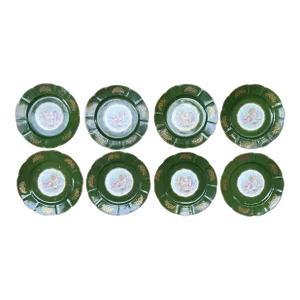 Set of 8 Vintage French Hand Painted Cherubs Gold Gilded Green Porcelain Dinner Plates