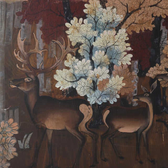 Burgundy Vintage Woodland Deer Scene Painting on Wood Block Panel For Sale - Image 8 of 12