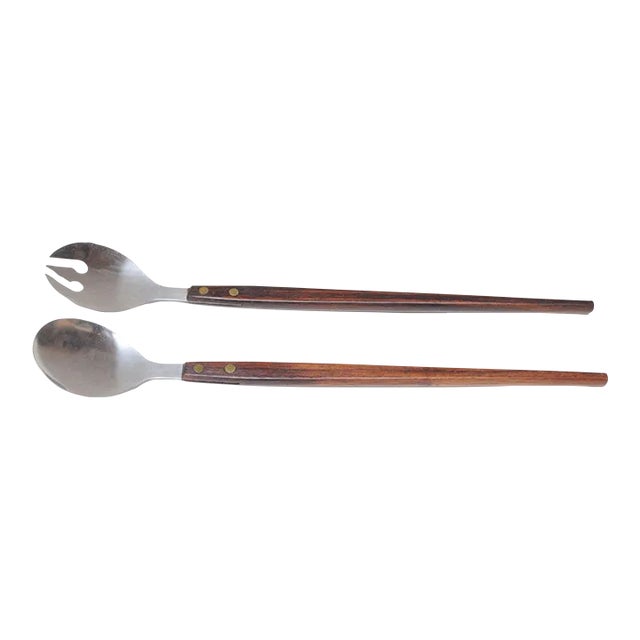 Vintage Japanese Modernist Rosewood and Stainless Steel Salad Tongs/Serving Utensils For Sale