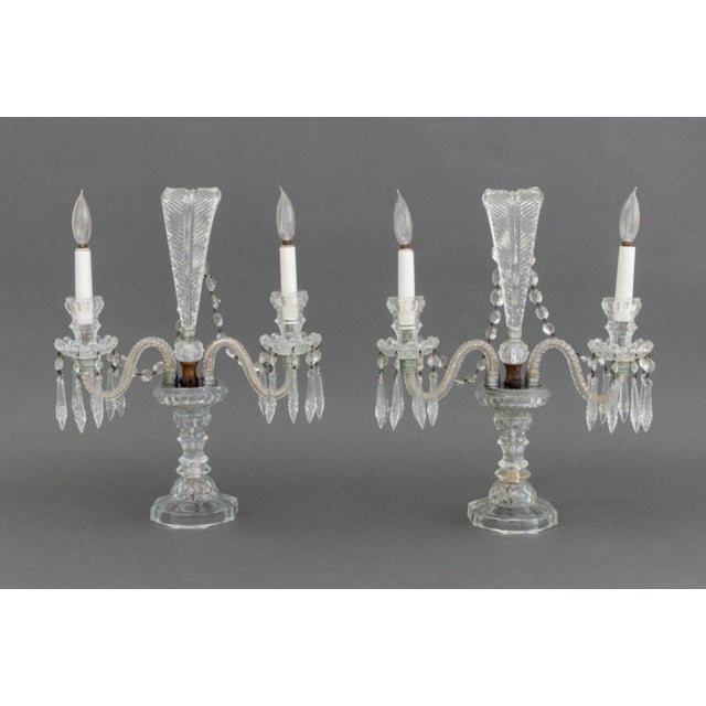 Pair of Victorian Style Cut Crystal Two-Branch Candelabra, with leaf form finials, graduated crystal swags, and drop...