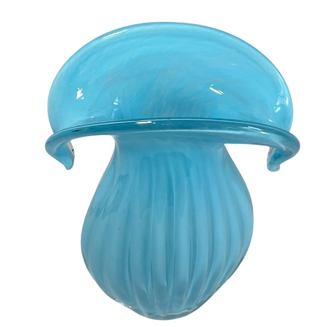 Mid-Century Modern Art Glass Aqua Blue Vase Crescent Clam Lip Fluted Vase For Sale - Image 3 of 17