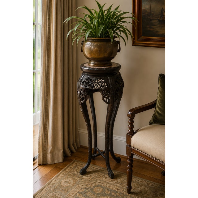 Near Antique Chinese Carved Hardwood & Marble Plant Stand For Sale - Image 11 of 11