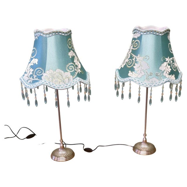 Gold Chrome Bedside Lamps with Beaded Embroidered Shades, 1980, Set of 2 For Sale - Image 8 of 8