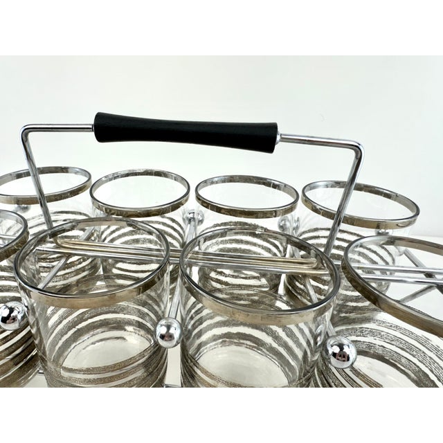 1960s Mid-Century Modern Silver Rim Cocktail Glasses With Chrome Carrier - Set of 8 For Sale In Little Rock - Image 6 of 10