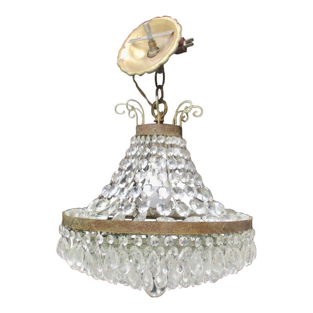 1920s Gilt Brass and Crystal Beaded Basket Chandelier For Sale