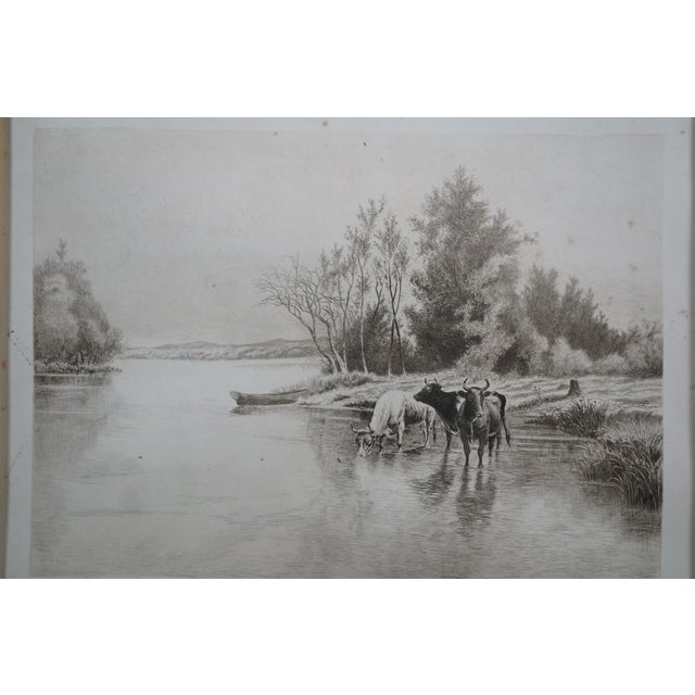 Late 19th Century Antique William De La Montagne Cary Signed Bulls Cows Riverscape Etching 29" For Sale - Image 5 of 12