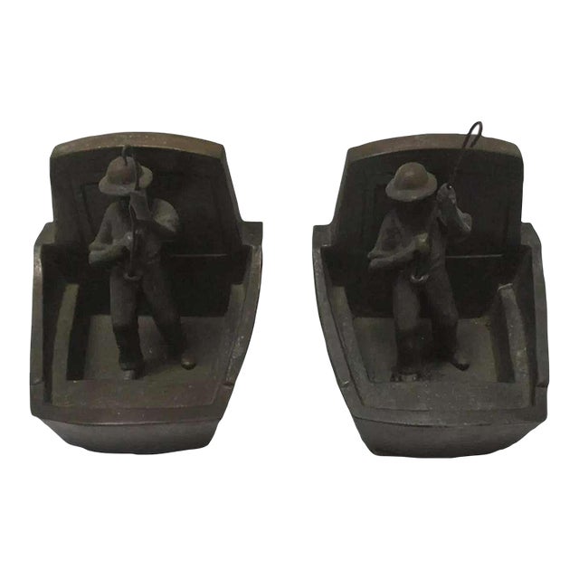 Vintage 1930's Mid-Century Sea Fisherman Solid Brass Bookends - Set of 2 For Sale