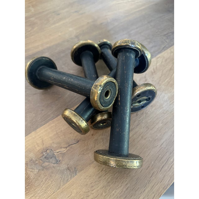 Wood Set of Five Vintage, Brass Bound and Black Wood Bobbins For Sale - Image 7 of 11