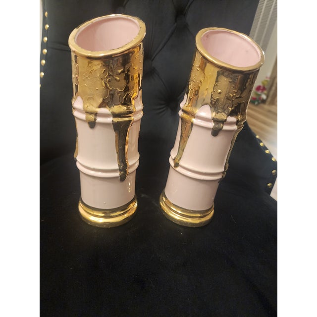 American Pink and Gold China Bamboo Design Vase For Sale - Image 3 of 3
