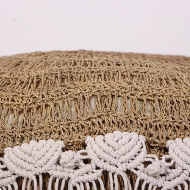 Raffia Macrame Fringed Pouf For Sale - Image 4 of 6