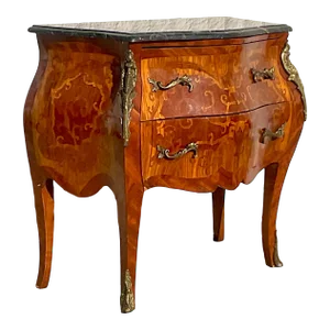 Vintage Regency Marble Top Marquetry Bombe Chest