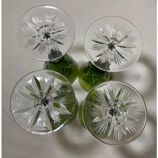 1970s 4 Hand Cut to Clear Crystal Green Glass Cordials Wine Champagne Glasses Goblet For Sale - Image 12 of 12