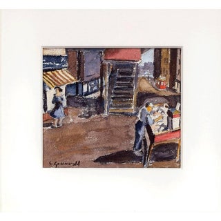 Samuel Grunvald, 1940 American WPA Modernist New York City Watercolor Painting Pushcart Tenements, c.1940 For Sale