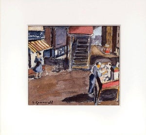 Samuel Grunvald, 1940 American WPA Modernist New York City Watercolor Painting Pushcart Tenements, c.1940