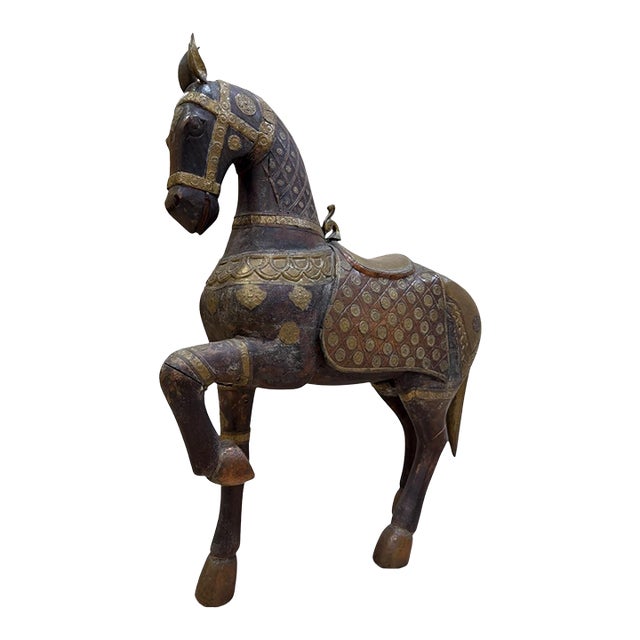 Grand 38" Vintage Rajasthani Hand-Carved Wooden Horse With Hammered Brass & Copper Cladding For Sale