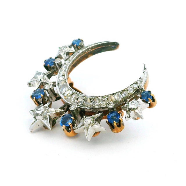 Victorian Diamond & Sapphire Crescent Moon Brooch in 18K Gold and Platinum For Sale - Image 12 of 16