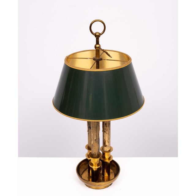 Louis XV style bouillotte table lamp with Three candlesticks and a green fabric shade, adjustable in height . Very good...