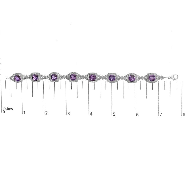 Early 21st Century Sterling Silver Cushion-Cut Purple Amethyst & Diamond Vintage Halo Link Bracelet For Sale - Image 5 of 5