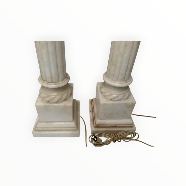 Neoclassical Vintage Italian Neoclassical Alabaster Column Table Lamps With Laurel Wreath Finials - a Pair For Sale - Image 3 of 9