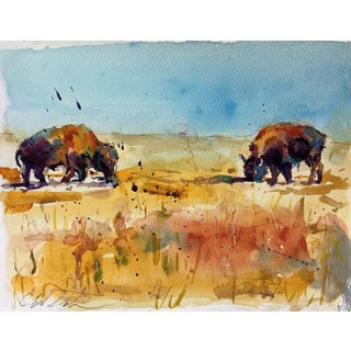 Untitled 3 by Clyde Steadman | Watercolor on paper of two bison grazing in a field For Sale