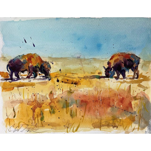 Untitled 3 by Clyde Steadman | Watercolor on paper of two bison grazing in a field For Sale