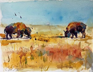 Untitled 3 by Clyde Steadman | Watercolor on paper of two bison grazing in a field