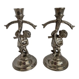 Pair of Antique Silver-Plated Cherub Figural Candlesticks, Circa 1930s Romantic Classical Revival Baroque Inspired For Sale