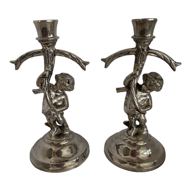 Pair of Antique Silver-Plated Cherub Figural Candlesticks, Circa 1930s Romantic Classical Revival Baroque Inspired For Sale