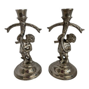 Pair of Antique Silver-Plated Cherub Figural Candlesticks, Circa 1930s Romantic Classical Revival Baroque Inspired