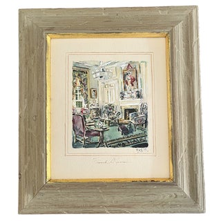 1935 “French Room” Signed Watercolor Interior Painting in Gilt-Trimmed Wood Frame For Sale