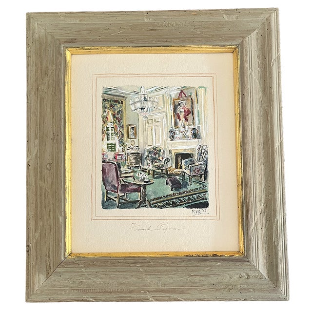 1935 “French Room” Signed Watercolor Interior Painting in Gilt-Trimmed Wood Frame For Sale