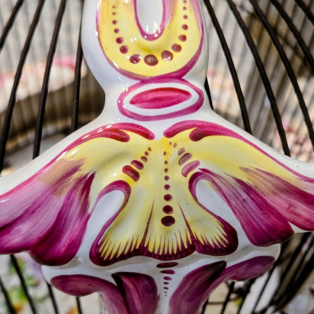 Large French Rococo Hand-Painted Porcelain Bird Cage With Original Floral Tray & Bird For Sale - Image 10 of 17