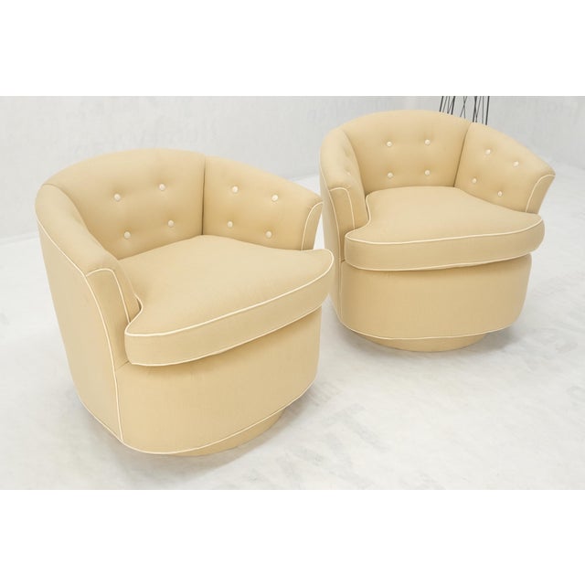 New Linen Upholstery Round Swivel Tub Barrel Back Chairs Baughman - A Pair For Sale - Image 11 of 12