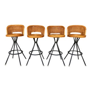 Midcentury Wicker/Bamboo Barstools/4 For Sale