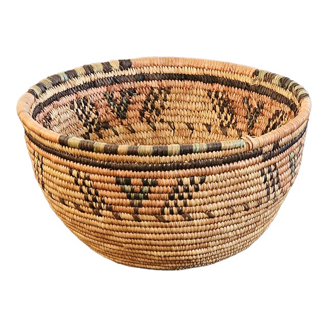 Vintage Native American Style Handwoven Coiled Basket With Geometric Design, C. 1960 For Sale